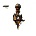 Steampunk Inspired Scene: In a forest there is a wooden house with a tower clock and a Zeppelin flies in the sky tattoo design idea