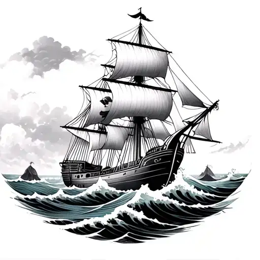 A sailing ship walking in the waves in the style of Japan, black and white tattoo design idea