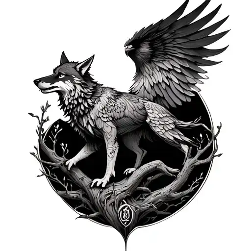 Phenix monitored by a benevolent wolf in a tree of life tattoo design idea