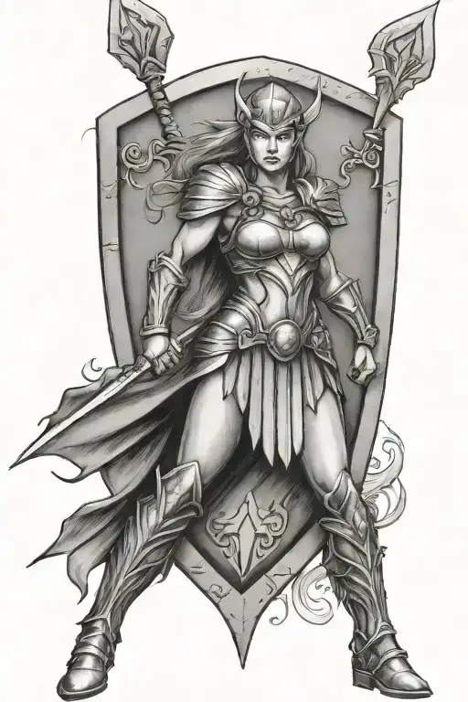 Valkyrie warrior holding spear and shield with runes of feminine power on shield  tattoo design idea