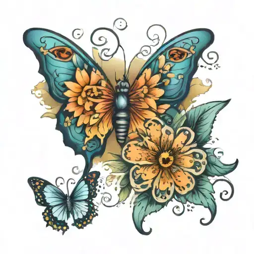 flower butterfly with first name Clara Lucas surrounded tattoo design idea