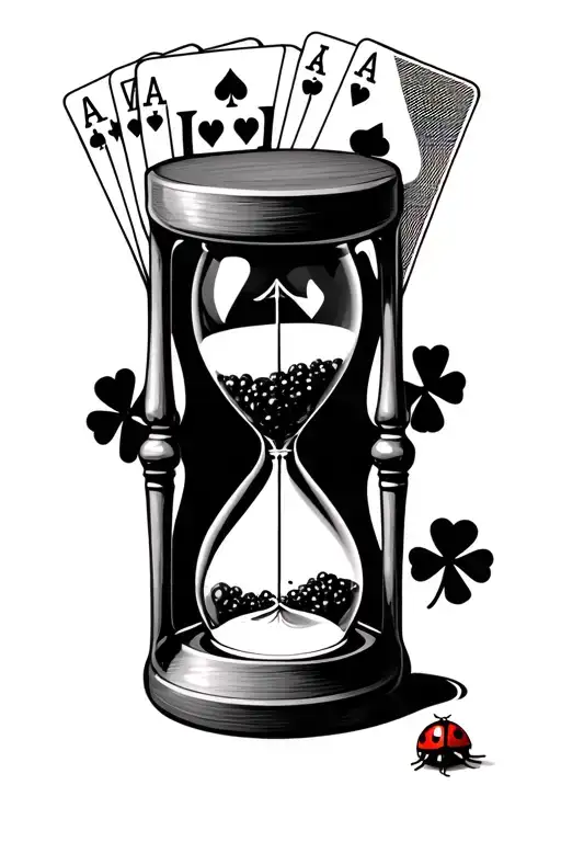 hour glass with full house hand of cards behind but next to eachother and one small 4 leaf clover and lady bug at bottom tattoo design idea