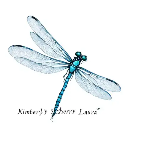 "Kimberly Sherry Laura" dragonfly with wings that have text in them tattoo design idea