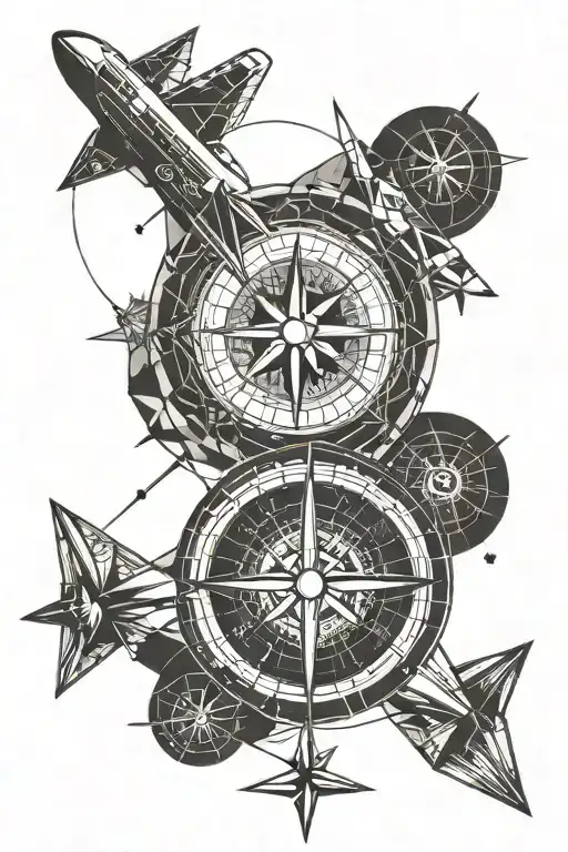 airplane and compass tattoo design idea