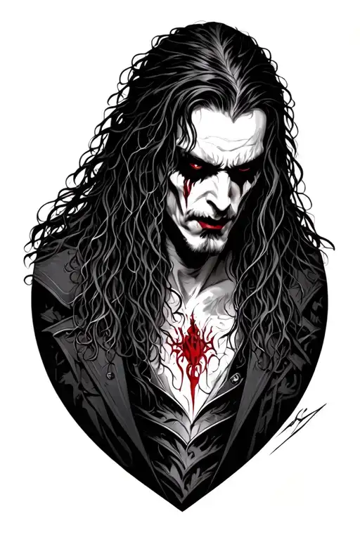 I want you to perform a dark tattoo design in which a male vampire portrayed with long hair and teaching l tattoo design idea