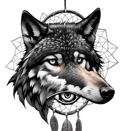 Wolf, Dream Catcher, 3 feathers hanging and evil eye talisman  tattoo design idea