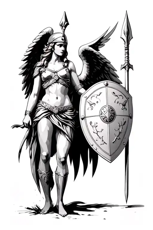 goddess athena, wearing helmet, shield, spear, and wings. side view, one wing up with hand reacging, one wing down tattoo design idea