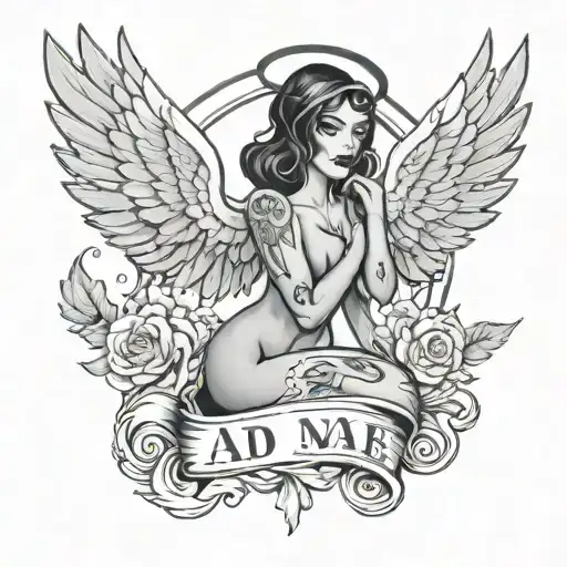 name Ada Mae with halo and angel wings  tattoo design idea
