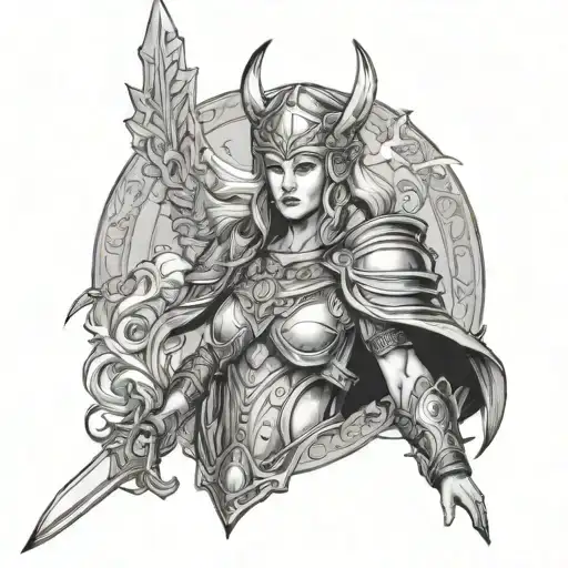goddess freya norse goddes wearing armor and weapons tattoo design idea
