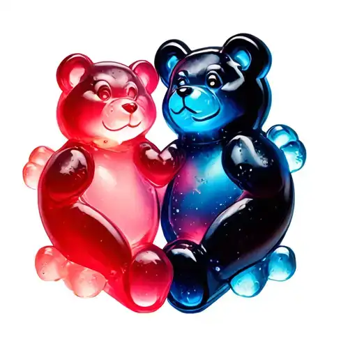 One small pink gummy bear and one small blue gummy bear inside of a heart tattoo design idea