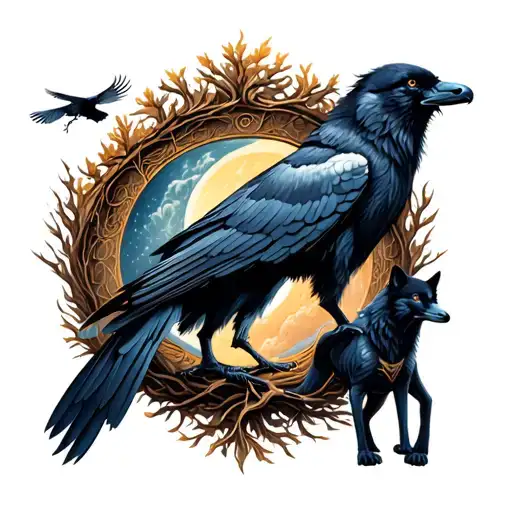 Warrior, tree of life in the background, 2 ravens the flies like Ying and Yang, 1 wolf at their side tattoo design idea