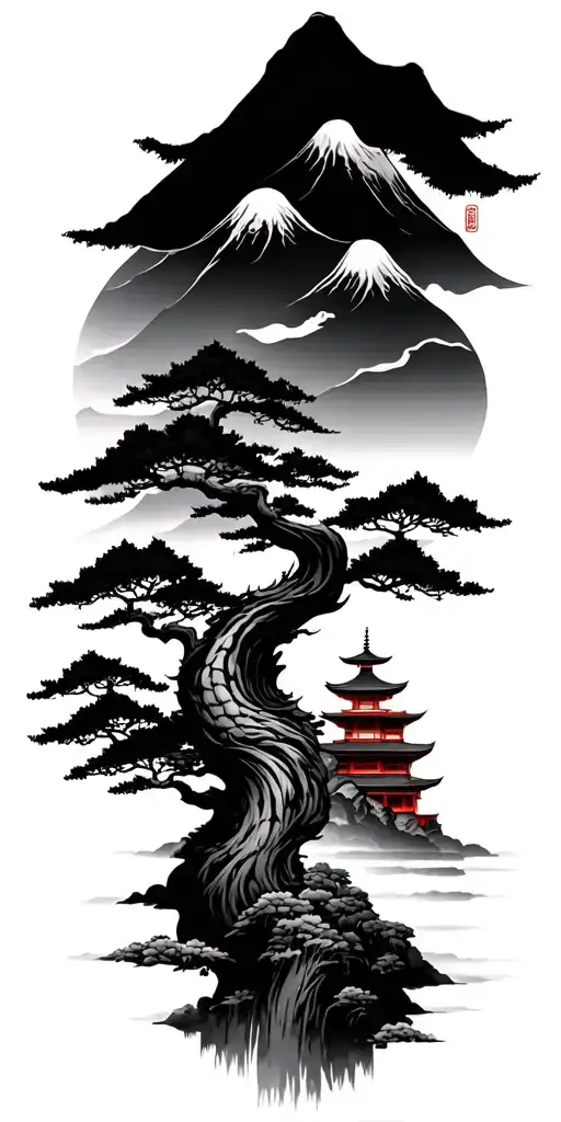 Japanese mountain and temple scenery tattoo tattoo design idea