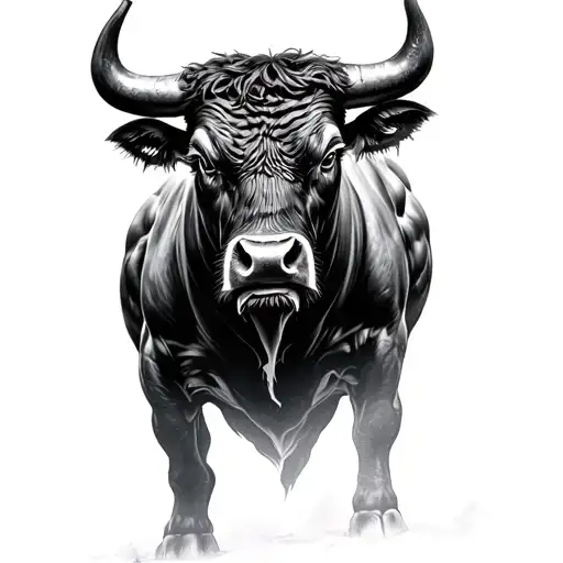 A hyper‑realistic, head‑on portrait of a raging bull, its fierce gaze locked straight ahead. Deeply sculpted muscles rip tattoo design idea