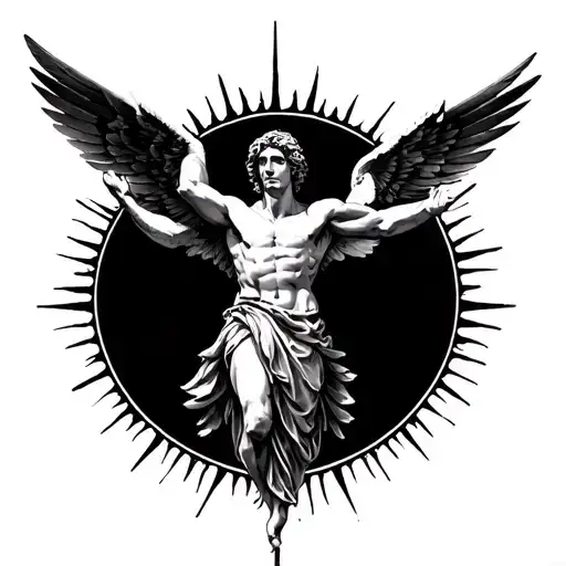 Icarus under a sun in a cross pose tattoo design idea