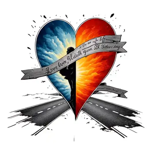the crossroads of two roads where one side shows the emptiness of a person, and the other shows the love of life tattoo design idea