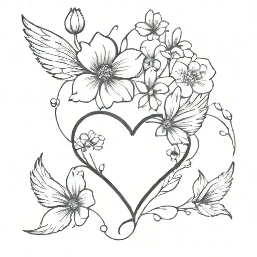 Heart with angel wings and cosmos flower tattoo design idea