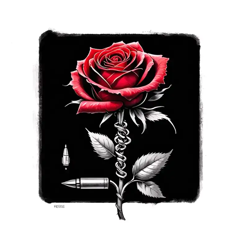 Red Rose with stem with a Choker necklace wrapped around the stem and a Bullet hanging from the choker tattoo design idea
