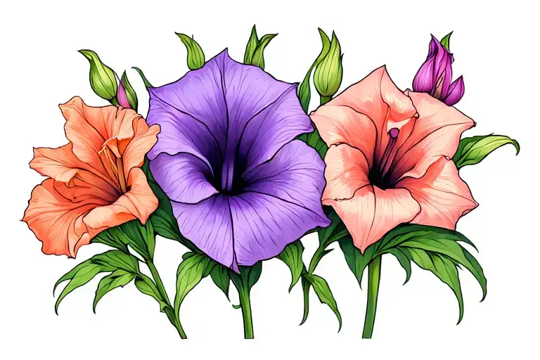 Gladiolus goldrush flower, coral colored sweet pea flower, purple & pink morning glory flower tattoo design idea