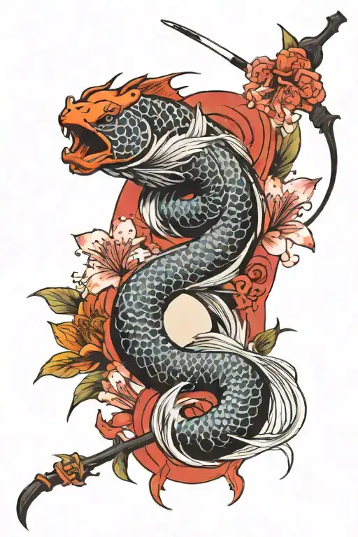 koi Fish yin yang with a Katana down the middle and a spider Lilly flower with a cherry blossom branch  tattoo design idea