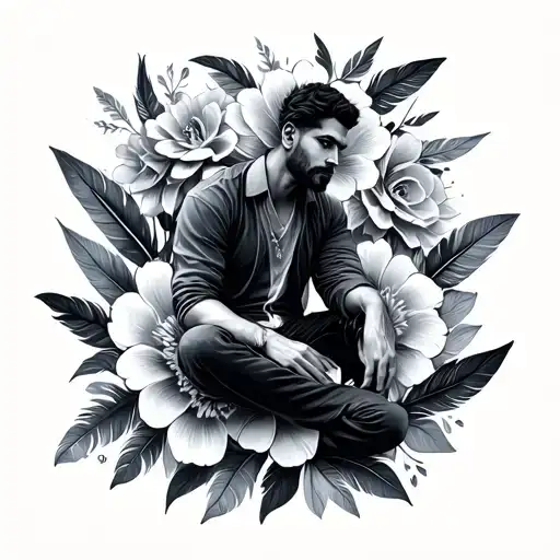 feathers or flowers for man sitting tattoo design idea