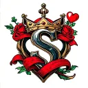 crown, heart & letter S embossed surrounded coloured tattoo design idea