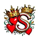 crown, heart & letter S embossed surrounded coloured tattoo design idea