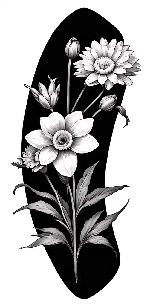 daffodil larkspur and chrysanthemum flower tattoo design idea