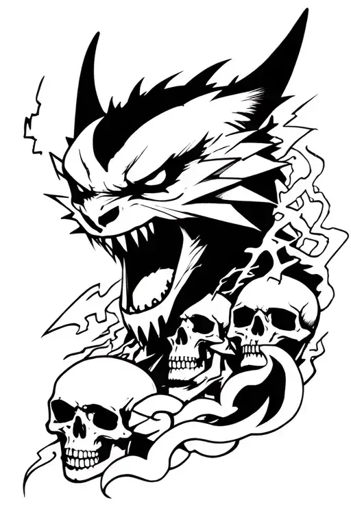 A black and white tattoo with a sideways wild toothless head with lightning and human skulls behind it tattoo design idea