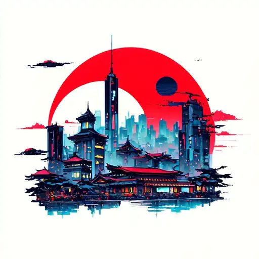 cyberpunk cityscape tattoo design idea
