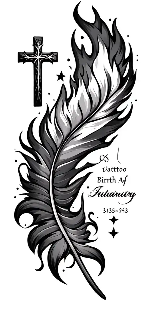 cross, stars, fire, water, feather, date of birth tattoo design idea