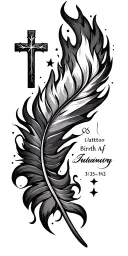 cross, stars, fire, water, feather, date of birth tattoo design idea