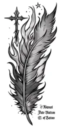 cross, stars, fire, water, feather, date of birth tattoo design idea