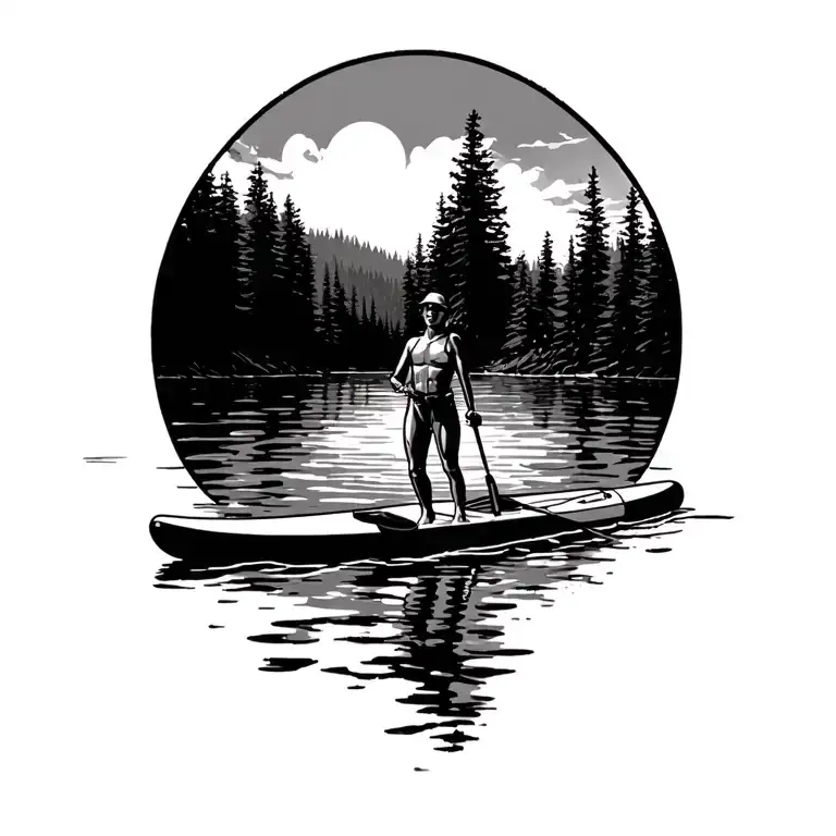 paddleboarding in a forrest lake tattoo design idea