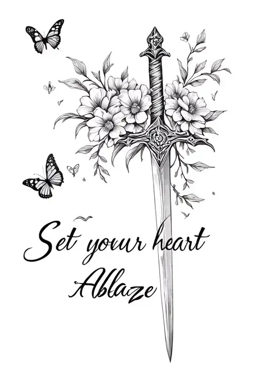 "Set your heart ablaze" sword with flowers and butterflies surrounding tattoo design idea