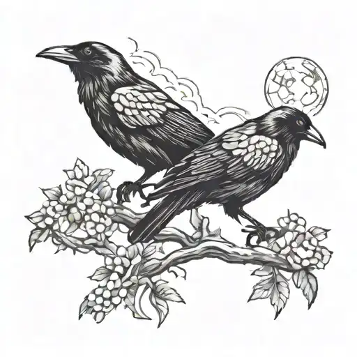 2 crows on a tree branch with distant hills tattoo design idea