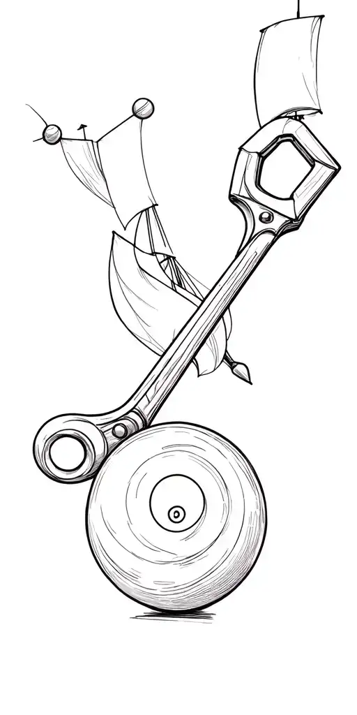 1600 sail ship, bowling ball hitting pins, pool 9 ball and cue stick, mechanic wrench on forearm tattoo design idea