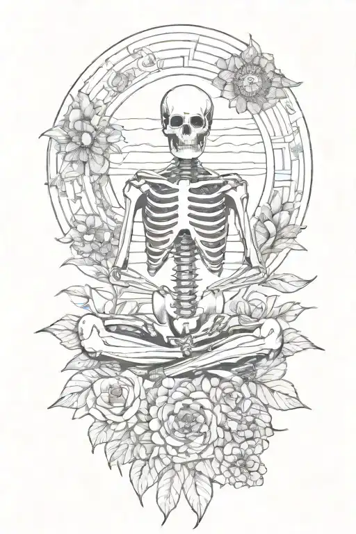 skeleton meditating, big sun , flowers as filler for sleevee tattoo design idea