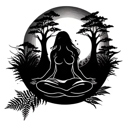Create me a Mother Earth tattoo. Black and white. She’s sitting criss cross, sun and moon behind her with trees, ferns tattoo design idea
