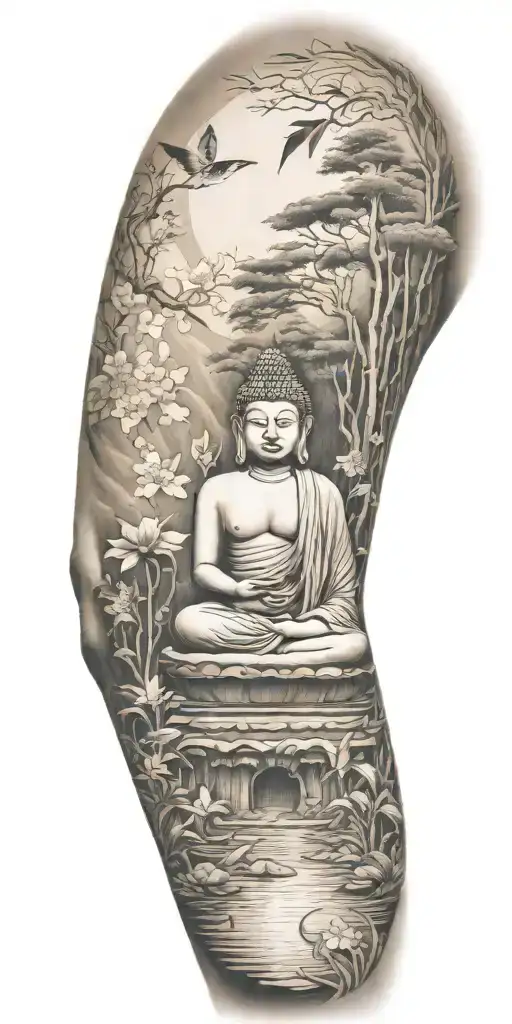 traditional scenario of nature inspired by Buddhist symbols. include bamboo, lotus, koi fish and small buddah tattoo design idea