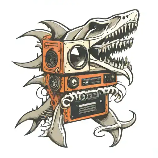 hammerhead shark skeleton with boombox as the head tattoo design idea