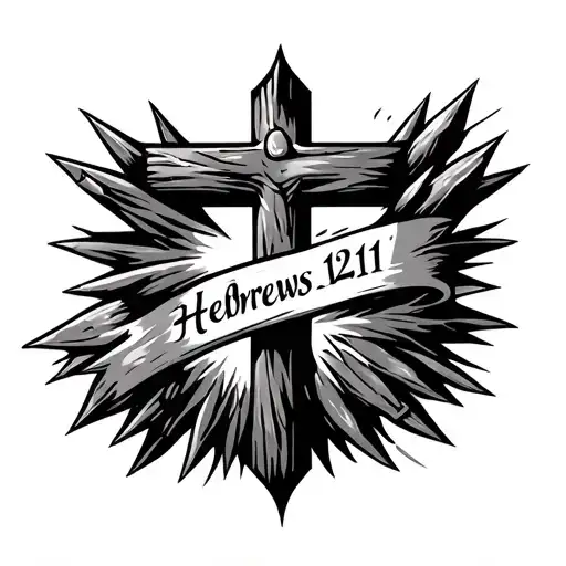 a cross made from rail road spike with a banner wrapped around it blowing through the air embossed with " Hebrews 12:11" tattoo design idea