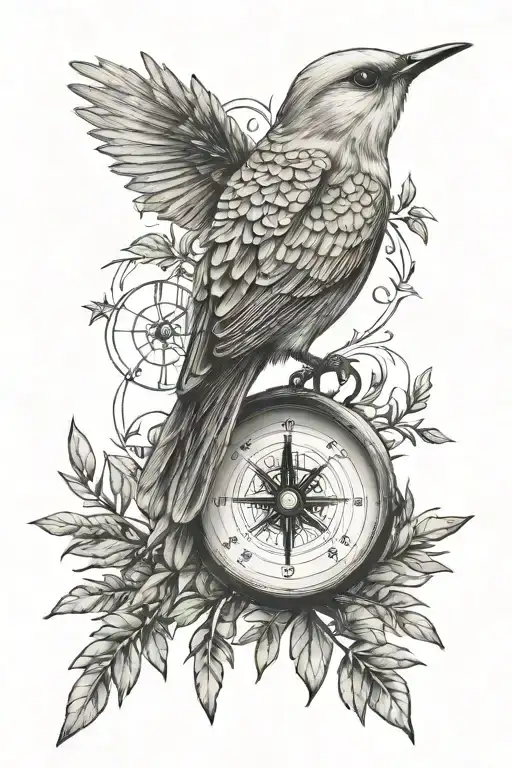 Yew branch, flying swift, compass tattoo design idea