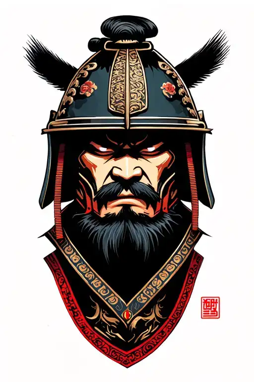 fierce samurai with a stoic expression, wearing an ornate kabuto helmet. tattoo design idea