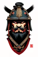 fierce samurai with a stoic expression, wearing an ornate kabuto helmet. tattoo design idea