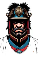 fierce samurai with a stoic expression, wearing an ornate kabuto helmet. tattoo design idea