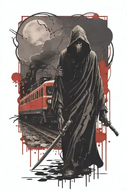 evil grim reaper with a train in the background  tattoo design idea