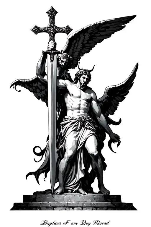 male angel holding a cross sword to the devil at the gates on heaven tattoo design idea