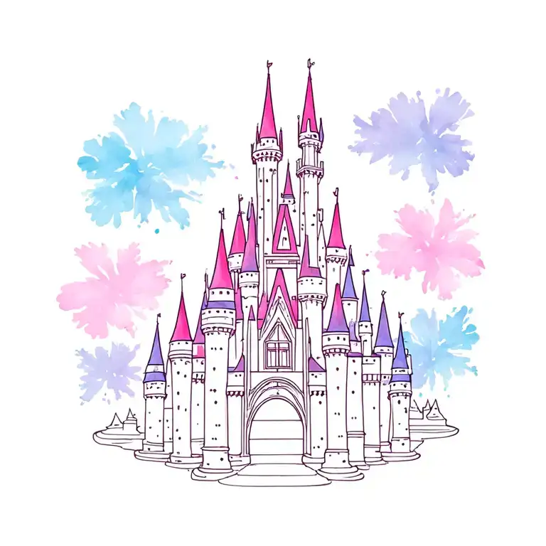 Walt Disney world Cinderella castle with a little color pink purple blue tattoo design idea