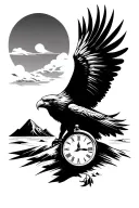 eagle with peace and sand clock and mountain landscape tattoo design idea