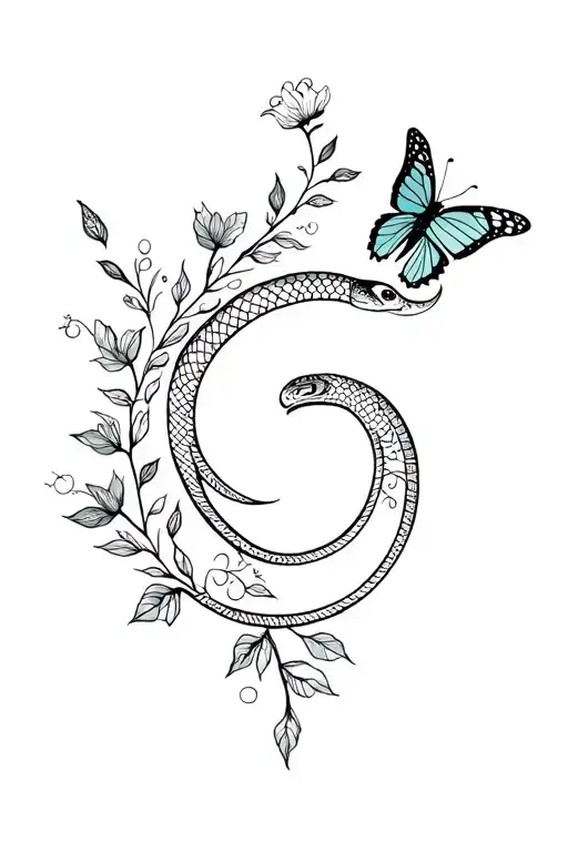 snakes, semicolon, butterfly, vine, flowers tattoo design idea